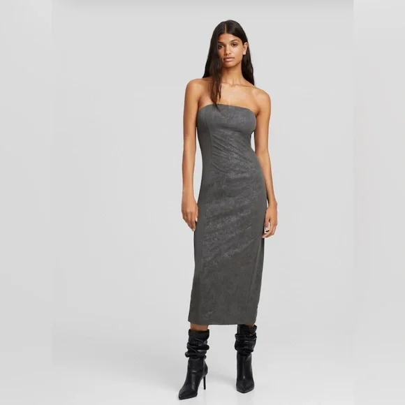 slim fit dress slacks Faux Leather Ruched Bandeau Dress in Umber
